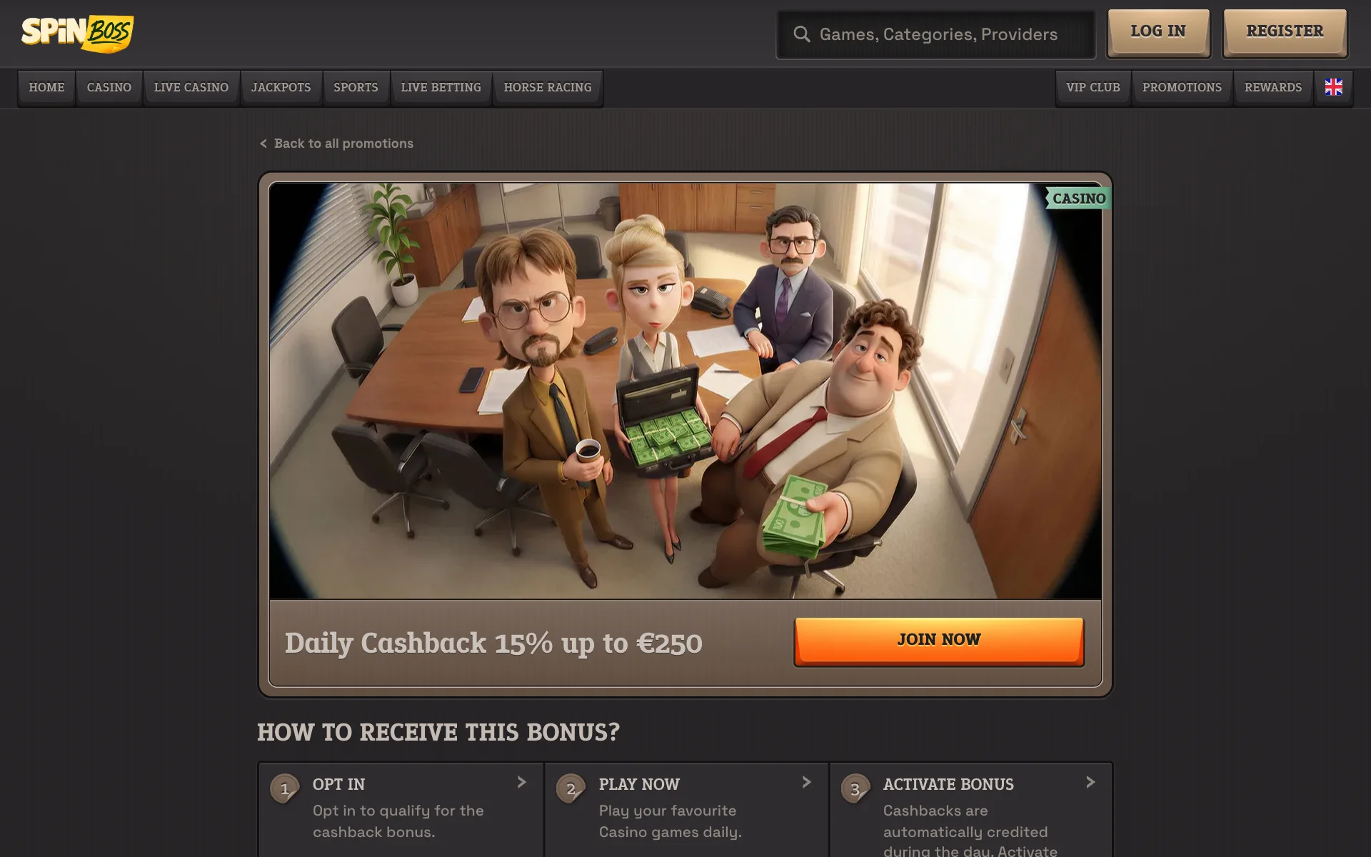 SpinBoss Daily Cashback 15% promotion page