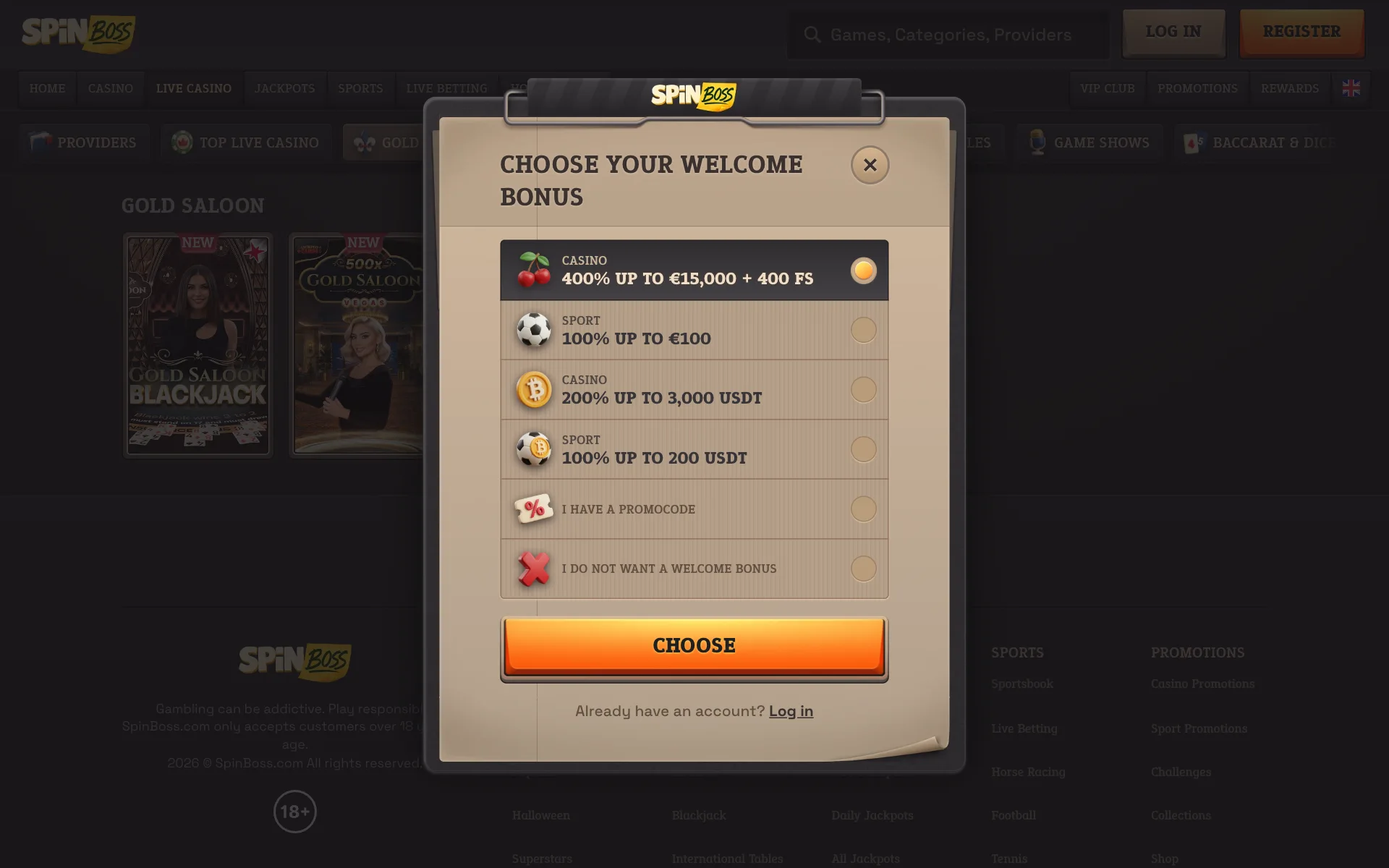 SpinBoss Choose your Sign Up Bonus window over the Gold Saloon lobby